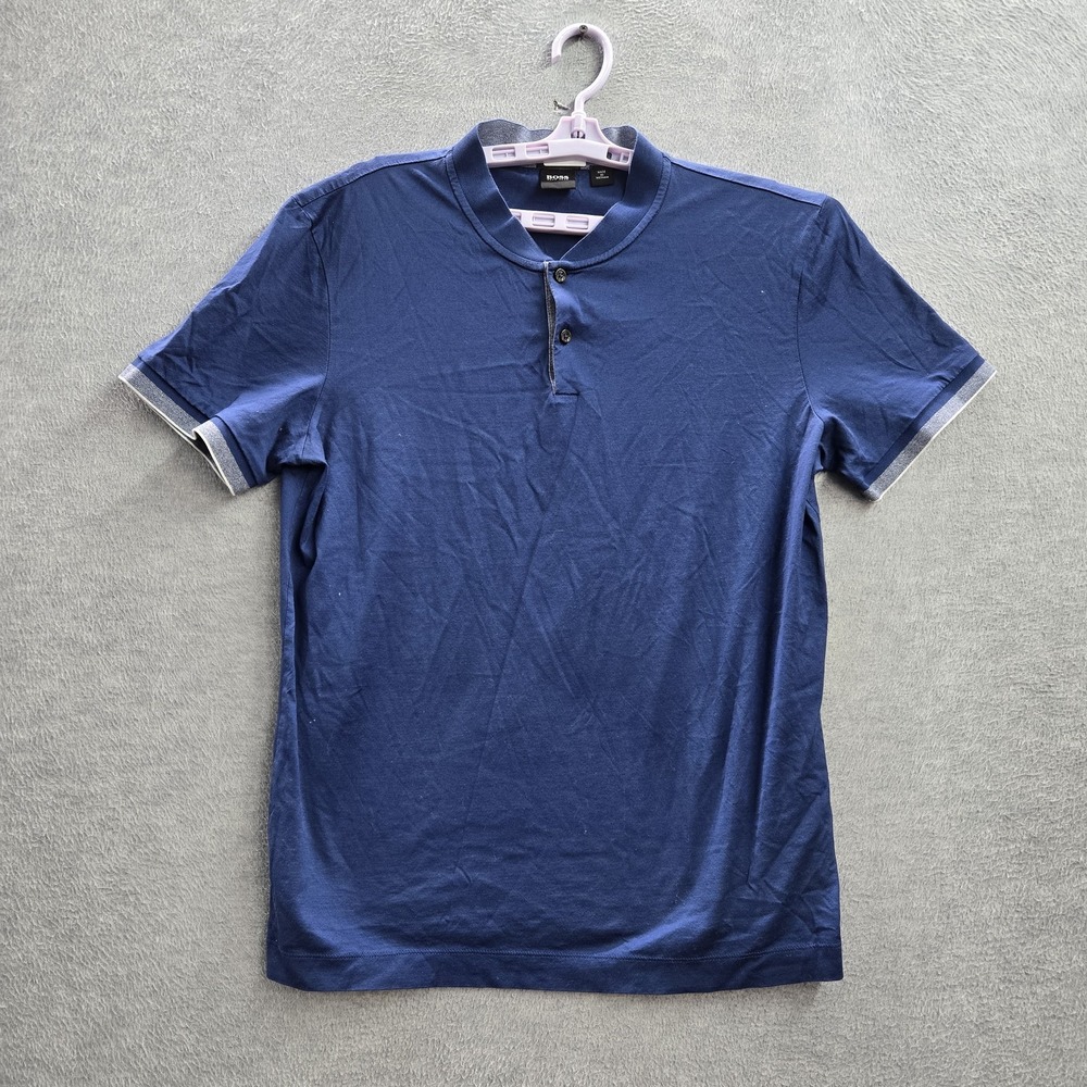 BOSS HUGO BOSS Men Polo XL Blue Henley Button Mercerised Slim Short Sleeve
